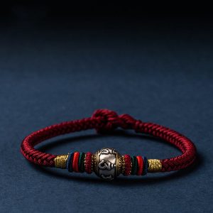 Buddha Stones 925 Sterling Silver Tibet Handmade Om Mani Padme Hum Luck Protection King Kong Knot Braided Bracelet Bracelet BS Colorful Version Dark Red 18cm