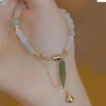 Buddha Stones 14K Gold Plated Hetian White Jade Bamboo Leaf Luck Protection Bracelet Bracelet BS 1