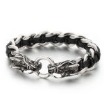 Buddha Stones Dragon Leather Titanium Steel Protection Luck Braided Bracelet Bracelet BS Black