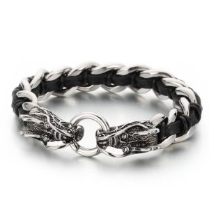 Buddha Stones Dragon Leather Titanium Steel Protection Luck Braided Bracelet Bracelet BS Black