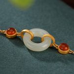 Buddha Stones 925 Sterling Silver Plated Gold Natural Hetian Jade Peace Buckle Red Agate Luck Bracelet Bracelet BS 3