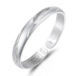 Buddha Stones Feather Heart Sutra Engraved Pattern Wealth Copper Cuff Bracelet Bangle Bracelet Bangle BS Silver Feather