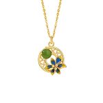 Buddha Stones 925 Sterling Silver Natural Hetian Cyan Jade Flower Luck Necklace Pendant Ring Earrings Set Bracelet Necklaces & Pendants BS 7