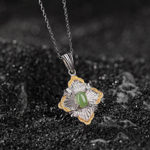 Buddha Stones 925 Sterling Silver Plated Gold Hetian Cyan Jade Rhombus Design Luck Healing Necklace Pendant Necklaces & Pendants BS Cyan Jade(Success♥Healing)
