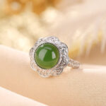 Buddha Stones 925 Sterling Silver Hetian Cyan Jade Flower Design Luck Adjustable Ring Ring BS 1