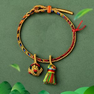 Buddha Stones Colorful Rope Luck Handmade Zongzi Golden Ball Charm Bracelet Bracelet BS Colorful Golden Zongzi Broom&Red String Adult(Wrist Circumference 16-19cm)