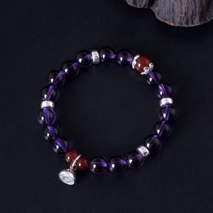 Buddha Stones 925 Sterling Silver Natural Amethyst Red Agate Lotus Positive Bracelet Bracelet BS Amethyst(Wrist Circumference: 14-16cm)
