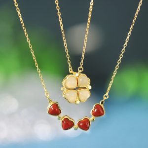 Buddha Stones 925 Sterling Silver Four Leaf Clover White Jade Red Agate Abundance Necklace Pendant Necklaces & Pendants BS main