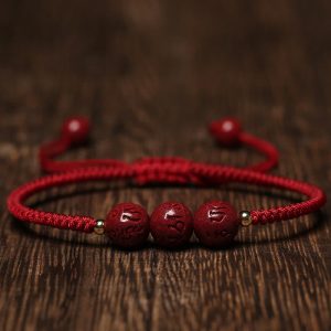 Buddha Stones Handmade Cinnabar Om Mani Padme Hum Engraved Beads Blessing Braided Bracelet Bracelet BS Dark Red Rope(Wrist Circumference 14-16cm)