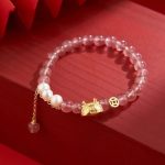 Buddha Stones Year of the Dragon Dumpling Natural Red Agate Garnet Hetian Jade Fu Character Luck Success Bracelet Bracelet BS Strawberry Quartz Pearl(Wrist Circumference 14-16cm)