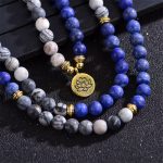 Buddha Stones Lazurite Picasso Jasper Amazonite Rhodonite Apatite Positive Lotus Prayer Bead Bracelet Mala Bracelet BS 3