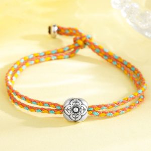Buddha Stones 999 Sterling Silver Persimmon Luck Multicolored Braided Bracelet Bracelet BS Orange Multicolored(Wrist Circumference 13-15cm)