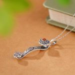 Buddha Stones 925 Sterling Silver Red Agate Cyan Jade Auspicious Clouds Ruyi Handle Blessing Necklace Pendant Necklaces & Pendants BS 2