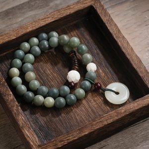 Buddha Stones Cyan Bodhi Seed Lotus Jade Peace Buckle Wisdom Double Wrap Bracelet Mala Bracelet BS Cyan Bodhi Seed