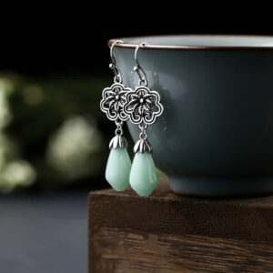Buddha Stones Magnolia Flower Jade Water Drop Prosperity Dangle Earrings Earrings BS Jade(Prosperity♥Abundance)