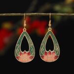 Buddha Stones Lotus Butterfly Flower Alloy Copper Enlightenment Drop Earrings Earrings BS Light Green Lotus 4.1*2.5cm