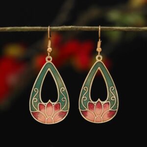 Buddha Stones Lotus Butterfly Flower Alloy Copper Enlightenment Drop Earrings Earrings BS Light Green Lotus 4.1*2.5cm