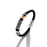 Buddha Stones Tang Dynasty Flower Design Luck Stainless Steel Buckle Leather Bracelet 7