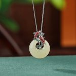 Buddha Stones 925 Sterling Silver Hetian Jade Peace Buckle Koi Fish Luck Necklace Pendant 5
