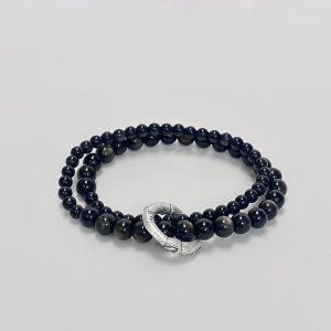Buddha Stones 999 Sterling Silver Black Obsidian Fulfillment Strength Double Layer Bracelet Bracelet BS Black Obsidian(Wrist Circumference 14-16cm)