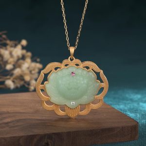 Buddha Stones Natural Jade Lotus Harmony Necklace Pendant Necklaces & Pendants BS 40*40mm