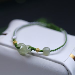 Buddha Stones 925 Sterling Silver Hetian Jade Double Peace Buckle Luck Braided Bracelet Bracelet BS Hetian Jade&Copper Plated Gold
