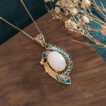 Buddha Stones White Jade Peacock Copper Blessing Necklace Pendant Necklaces & Pendants BS 1