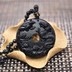 Buddha Stones Black Obsidian Dragon Phoenix Mandarin Duck Luck Protection Necklace Pendant Necklaces & Pendants BS 4