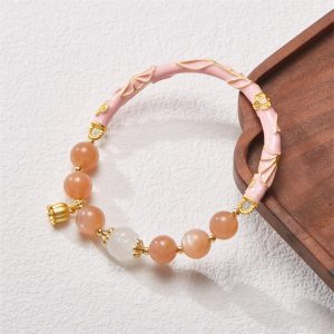Buddha Stones Sun Stone Golden Silk Jade Lily of the Valley Charm Positive Bracelet Bangle Bracelet Bangle BS Sun Stone&One Golden Silk Jade 14-16cm