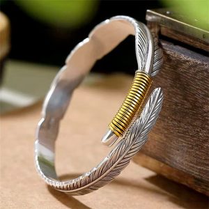 Buddha Stones Feather Pattern Engraved Luck Cuff Bracelet Bangle Bracelet Bangle BS Feather