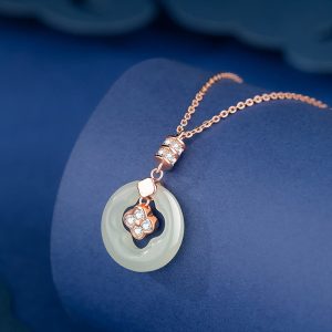 Buddha Stones 925 Sterling Silver Natural Hetian Jade Lucky Four Leaf Clover Zircon Necklace Pendant With Gift Box Necklaces & Pendants BS Hetian Jade(Prosperity♥Abundance)
