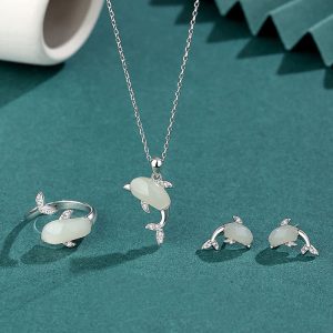 Buddha Stones 925 Sterling Silver Cute Dolphin Hetian Jade Red Agate Luck Necklace Pendant Ring Earrings Set Bracelet Necklaces & Pendants BS 3Pcs(Necklace&Ring&Earrings) Hetian Jade