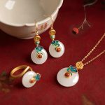 Buddha Stones Jade Copper Coins Auspicious Clouds Prosperity Necklace Pendant Bracelet Ring Earrings Bracelet Necklaces & Pendants BS 4Pcs (Necklace & Bracelet & Earrings & Ring)