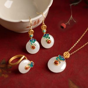 Buddha Stones Jade Copper Coins Auspicious Clouds Prosperity Necklace Pendant Bracelet Ring Earrings Bracelet Necklaces & Pendants BS 4Pcs (Necklace & Bracelet & Earrings & Ring)