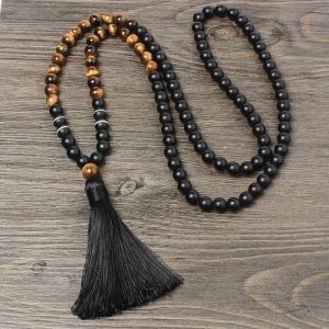 Buddha Stones Black Onyx Tiger Eye Fortune Bracelet Tassel Necklace Pendant Bracelet Necklaces & Pendants BS Black Onyx&Tiger Eye
