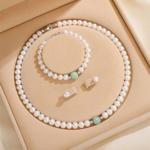 Buddha Stones 925 Sterling Silver Natural Pearl Jade Healing Necklace Bracelet Earrings With Gift Box Bracelet Necklaces & Pendants BS Pearl Set(Necklace Bracelet Earrings)