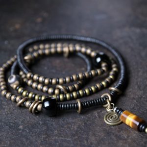 Buddha Stones Ebony Wood Dzi Bead Copper Peace Couple Bracelet Necklace Pendant Bracelet Necklaces & Pendants BS 18cm