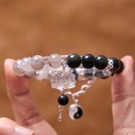 Buddha Stones Silver Sheen Obsidian Crackle Clear Quartz Black Rutilated Quartz Yin Yang Lotus Protection Bracelet Bracelet BS 20