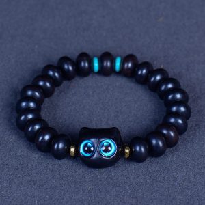 Buddha Stones Ebony Wood Liuli Glass Lovely Cat Peace Balance Bracelet Bracelet BS Ebony 7*10mm*21 Beads(Wrist Circumference 14-16cm)