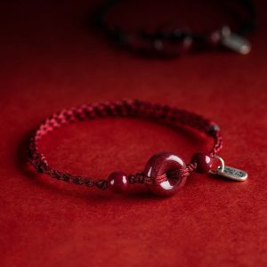 Buddha Stones Handmade Cinnabar Peace Buckle Safe and Healthy Charm Blessing String Bracelet Anklet Bracelet Anklet BS Dark Red&Charm Anklet(Anklet Circumference 18-32cm)
