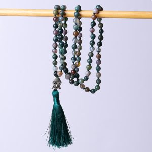 Buddha Stones 108 Mala Beads Indian Agate Buddha Head Cleansing Bracelet Mala Bracelet BS 8mm