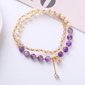 Buddha Stones Natural Amethyst Aquamarine Strawberry Quartz Pearl Peace Healing Double Wrap Bracelet Bracelet BS Amethyst(Spiritual Awareness♥Inner Peace)