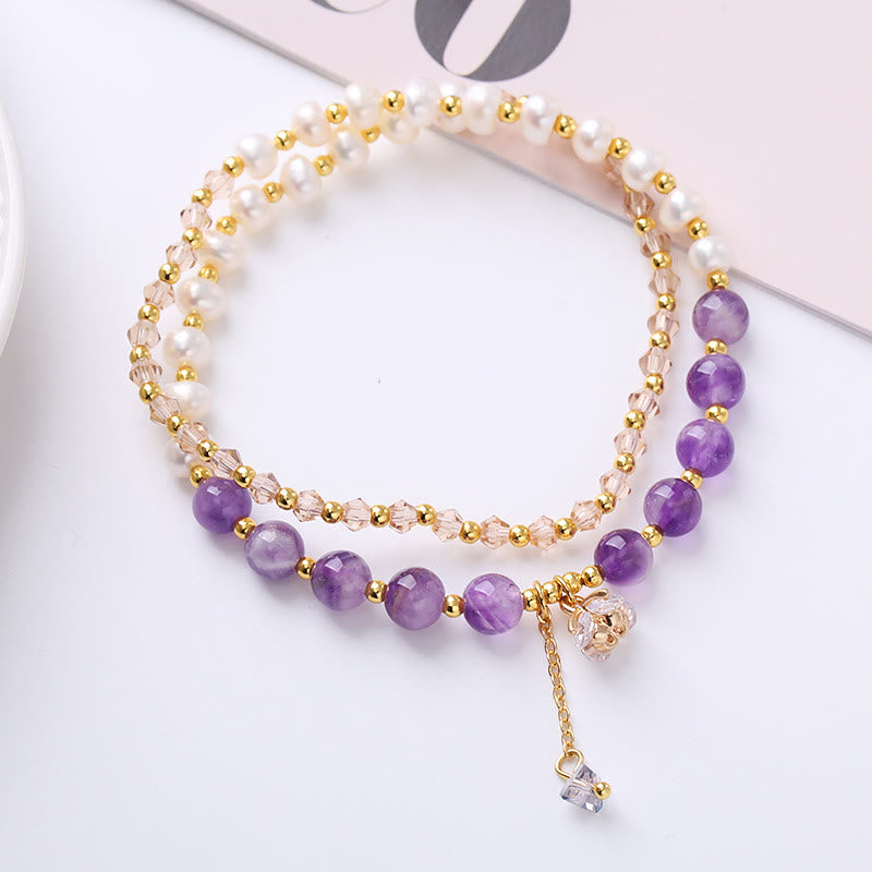 7ac4d917-afa5-487f-b547-593473840088 Buddha Stones Natural Amethyst Aquamarine Strawberry Quartz Pearl Peace Healing Double Wrap Bracelet Bracelet BS Amethyst(Spiritual Awareness♥Inner Peace)