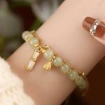 Buddha Stones Natural Hetian Jade Prosperity Lotus Bamboo Charm Bracelet Bracelet BS Hetian Jade(Wrist Circumference 14-16cm)