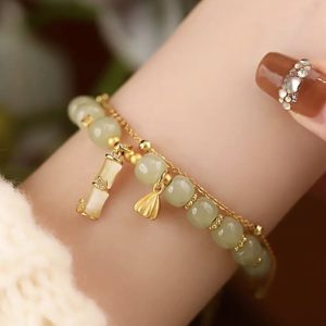 Buddha Stones Natural Hetian Jade Prosperity Lotus Bamboo Charm Bracelet Bracelet BS Hetian Jade(Wrist Circumference 14-16cm)