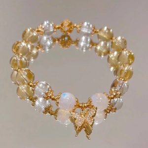 Buddha Stones Citrine Moonstone Butterfly Charm Prosperity Protection Bracelet Bracelet BS Citrine(Wrist Circumference 14-15cm)