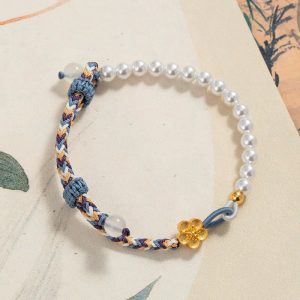 Buddha Stones 925 Sterling Silver Peach Blossom Pearl Chalcedony Healing Rope Bracelet 1