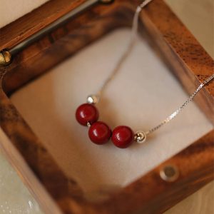 Buddha Stones 925 Sterling Silver Cinnabar Bead Calm Blessing Necklace Pendant Necklaces & Pendants BS 6mm Three Cinnabar Beads