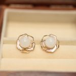 Buddha Stones 925 Sterling Silver Plated Gold Posts Hetian White Jade Tridacna Stone Camellia Flower Luck Necklace Pendant Ring Earrings Bracelet Necklaces & Pendants BS Earrings