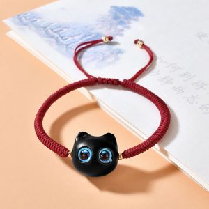 Buddha Stones Ebony Wood Cat Head Pattern Peace King Kong Knot Braided Bracelet Bracelet BS Dark Red Rope(Wrist Circumference 14-18cm)
